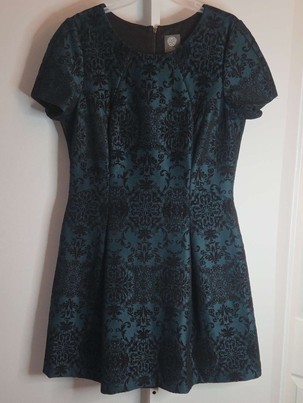 Vince Camuto Dark Emerald Green Damask Jacquard Sheath Dress Size 14